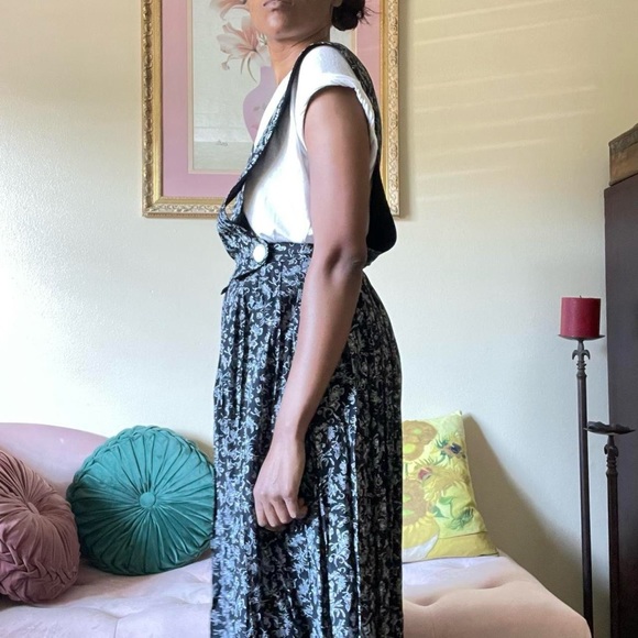 Vintage Floral Black + White Criss Cross Top Maxi Length Jumper Dress - Picture 2 of 4